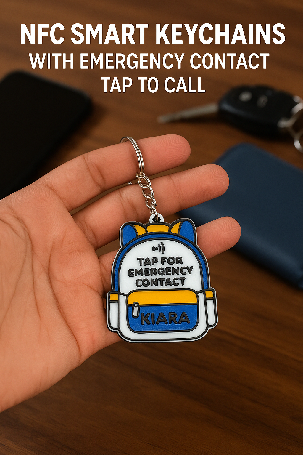 Custom Name NFC School Bag Keychain – Smart ID Tag for Kids | Tap to Open Profile or Contact Info