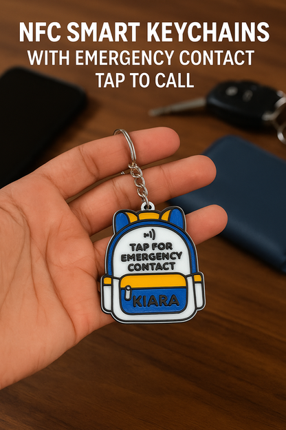Custom Name NFC School Bag Keychain – Smart ID Tag for Kids | Tap to Open Profile or Contact Info