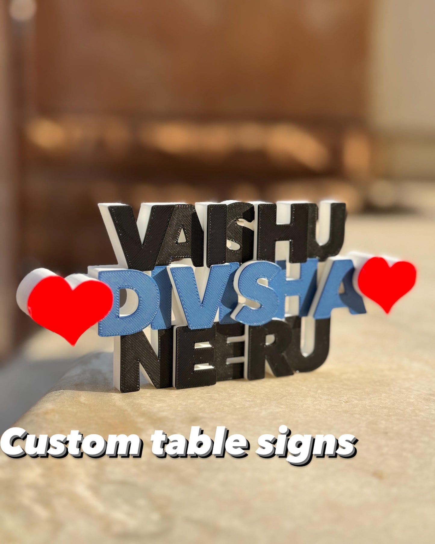 Custom 3-Name Table Sign / Fridge Magnet – Heart Design | 8-10 Inch Wide | Name Magnet