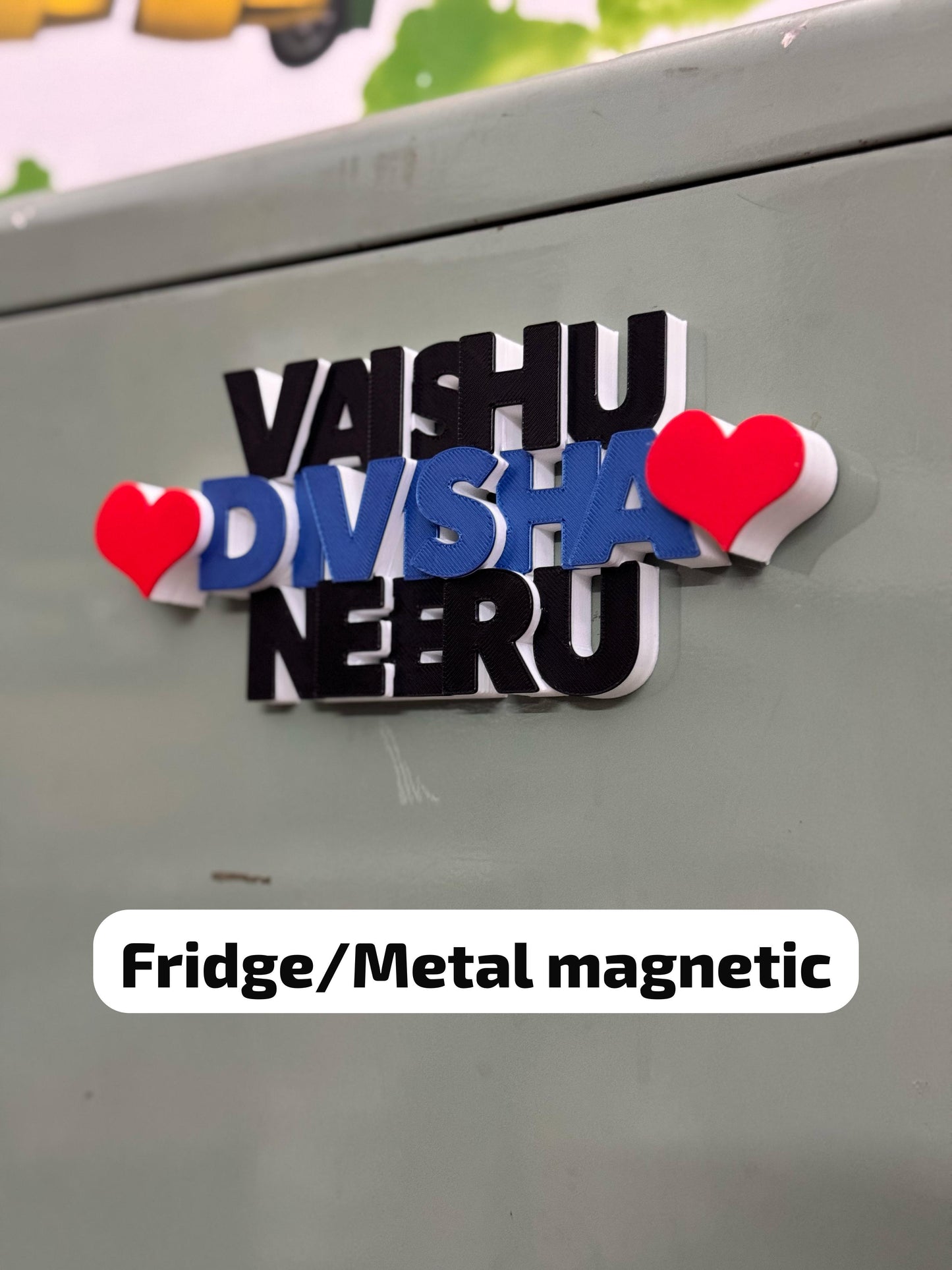 Custom 3-Name Table Sign / Fridge Magnet – Heart Design | 8-10 Inch Wide | Name Magnet