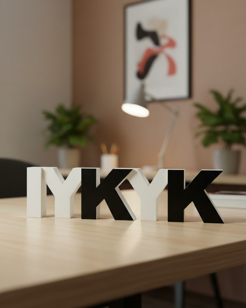 Decorative letters 'IYKYK' on a table with a blurred indoor setting