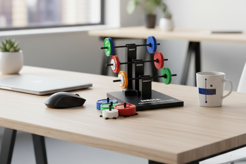 Colorful desk organizer on a wooden desk with a modern office background