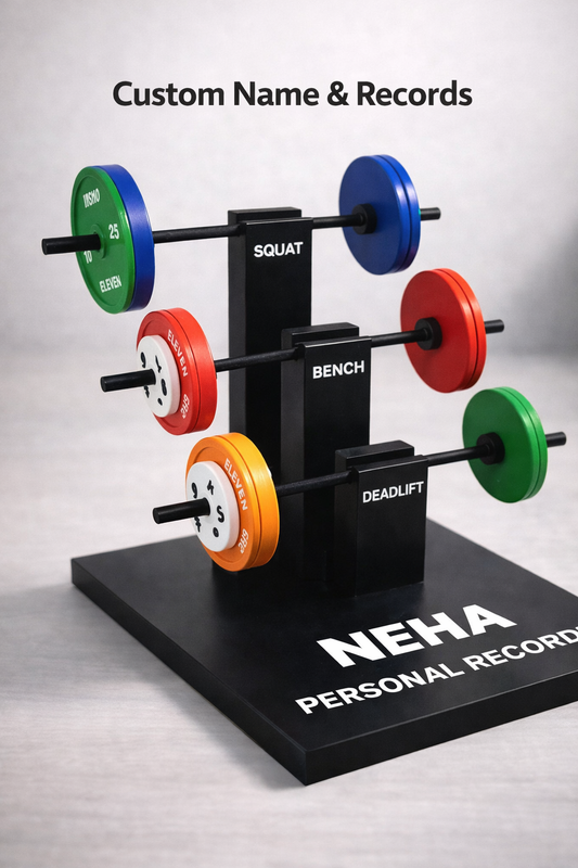 Weightlifting barbell display with colored weights on a stand, featuring the brand 'NEHA'.