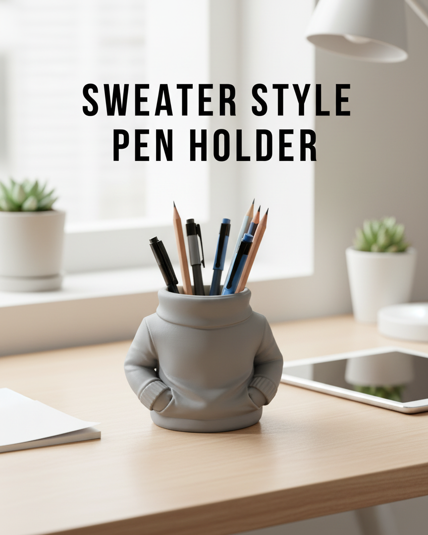 Gray sweater-style pen holder with pens on a desk in a bright room.