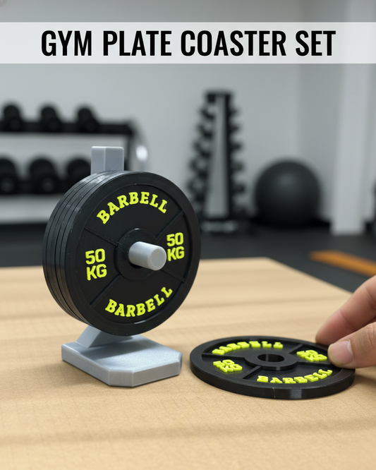Gym plate coaster set with barbell design on a wooden surface.