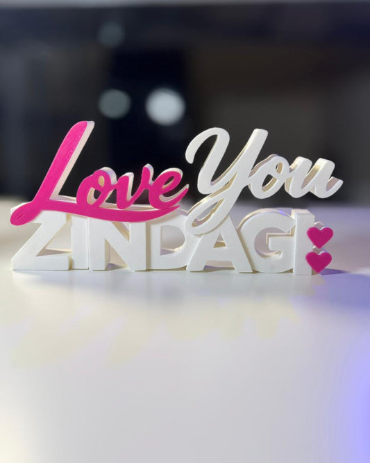 Decorative sign with 'Love You Zindagi' text on a blurred background