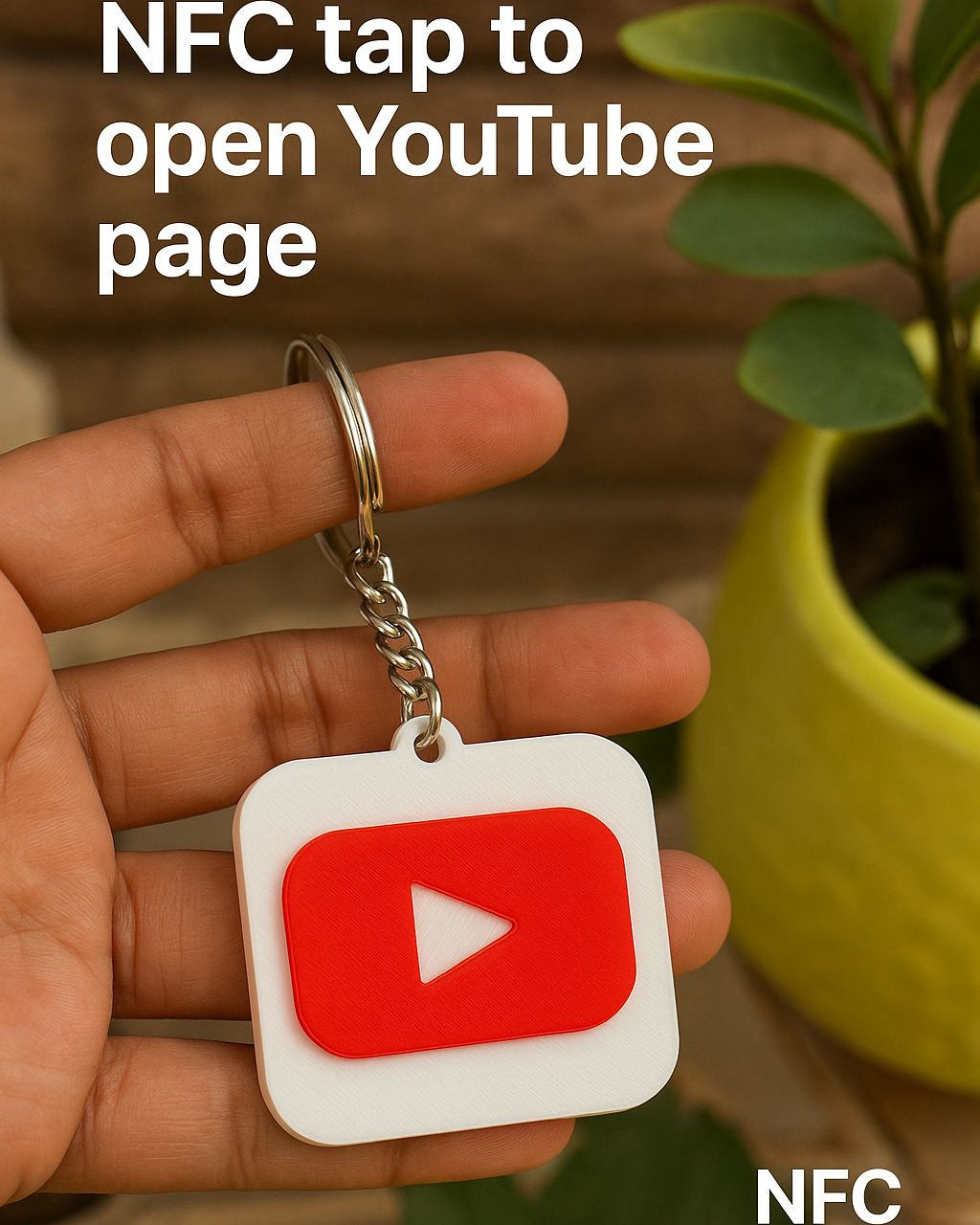 Keychain with YouTube logo held by a hand, with text about NFC functionality.