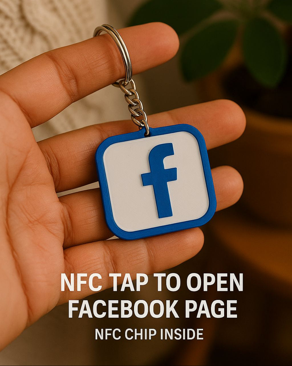 Hand holding a keychain with Facebook logo and text 'NFC Tap to Open Facebook Page'.