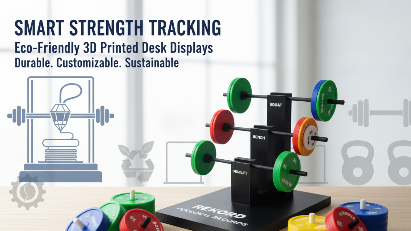 Desk display with weight plates and a branded stand on a wooden surface.