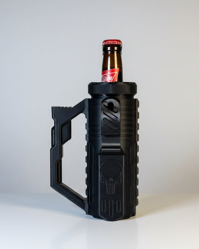 Black bottle holder with Punisher skull design holding a beer bottle against a neutral background