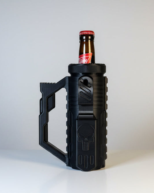 Black bottle holder with Punisher skull design holding a beer bottle against a neutral background