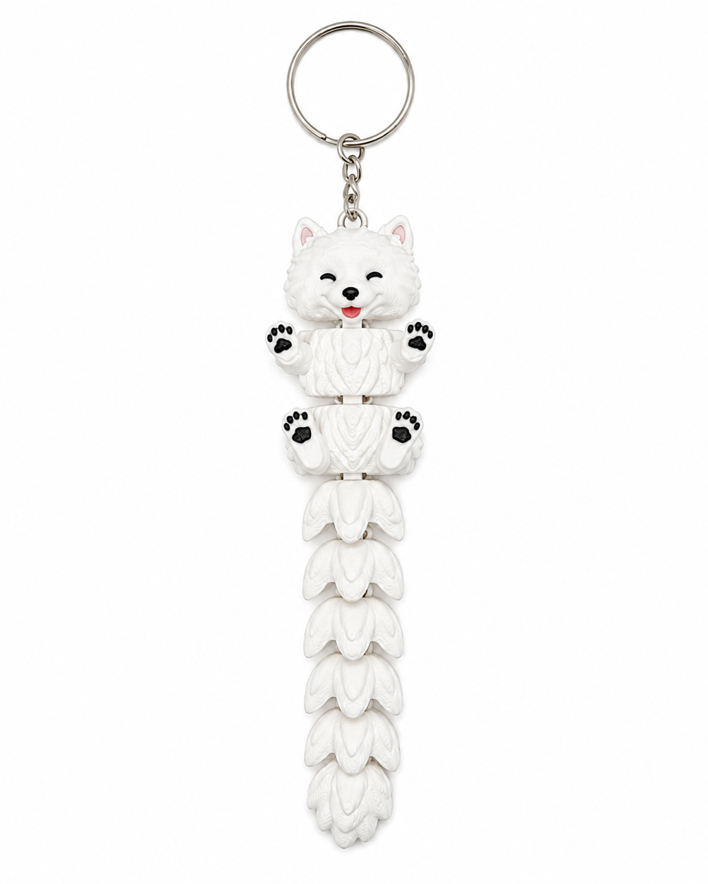 Keychain with a white dog-shaped figure on a braided handle against a white background