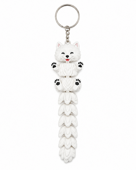 Keychain with a white dog-shaped figure on a braided handle against a white background