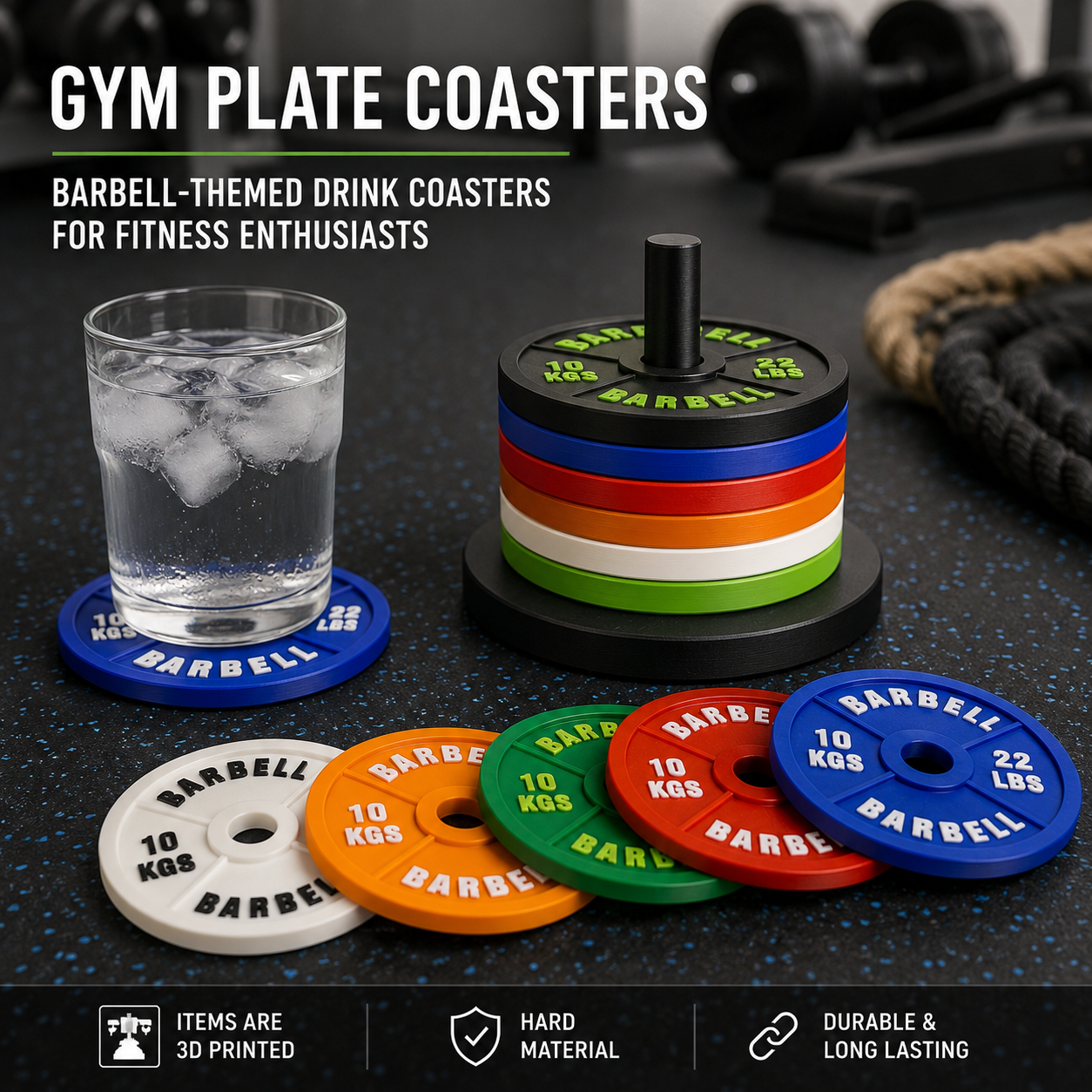Gym Plate Coaster Set (6 Pcs, 4x4 Inches) with Stand