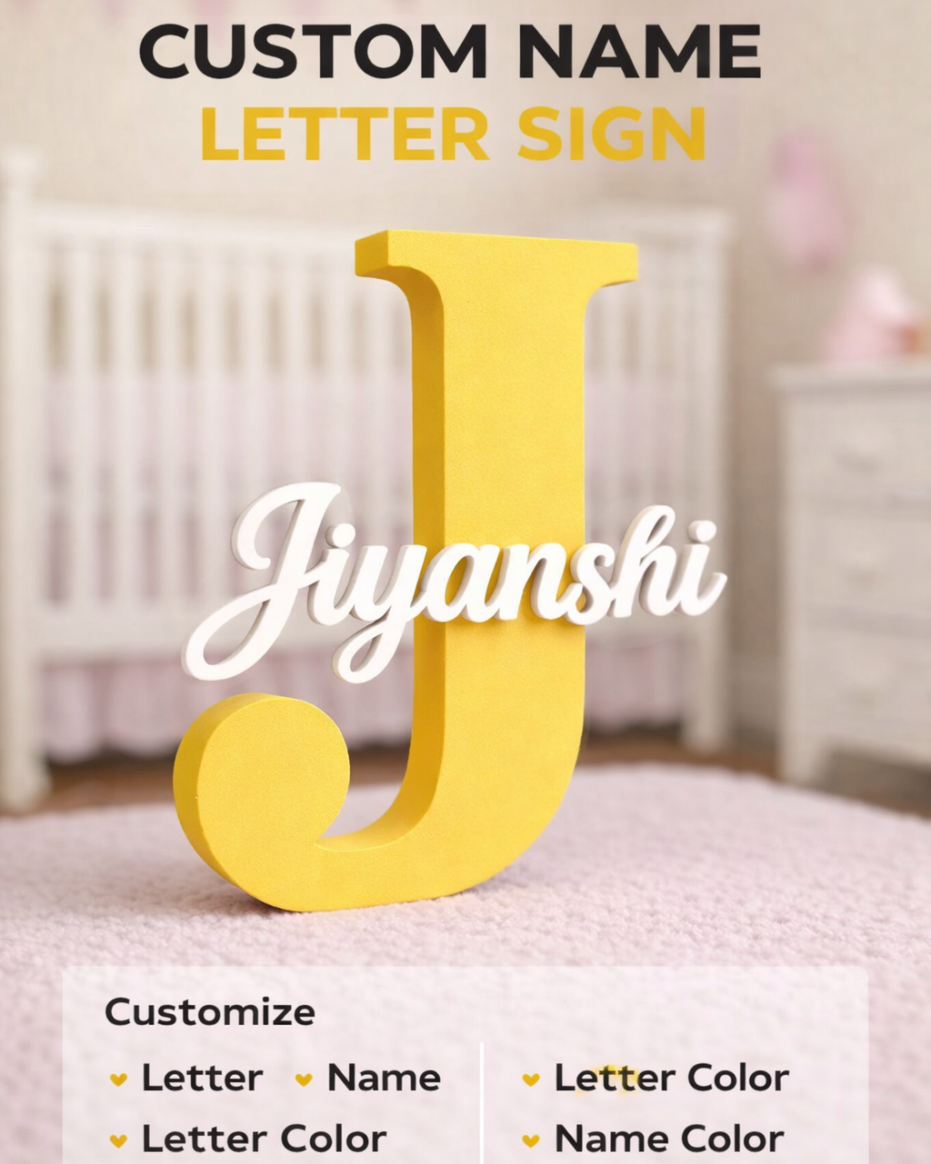 Yellow letter 'J' with customizable name in a nursery setting