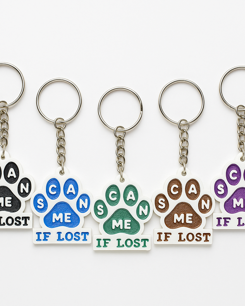 Five paw-shaped keychains with 'Can I Lost' text on a white background