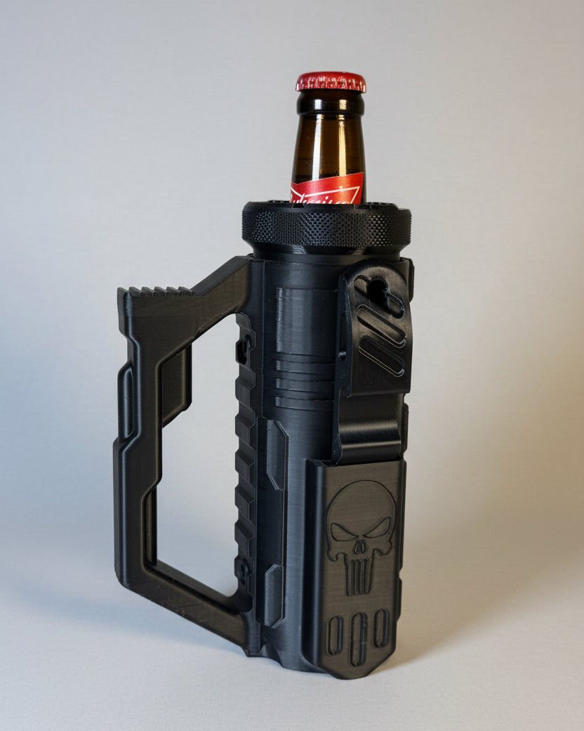Black gun-shaped bottle holder with a bottle inside on a white surface.