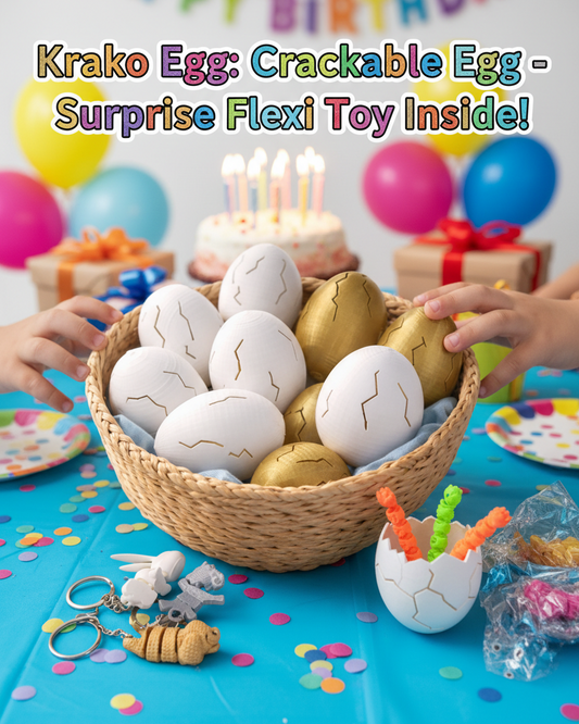 Children playing with crackable eggs and flexi toys on a birthday party table with balloons and candles.