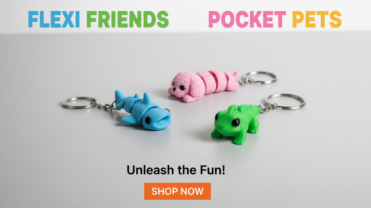 Three colorful keychains shaped like a shark, pink creature, and green frog on a light gray background with 'Flexi Friends Pocket Pets' text.