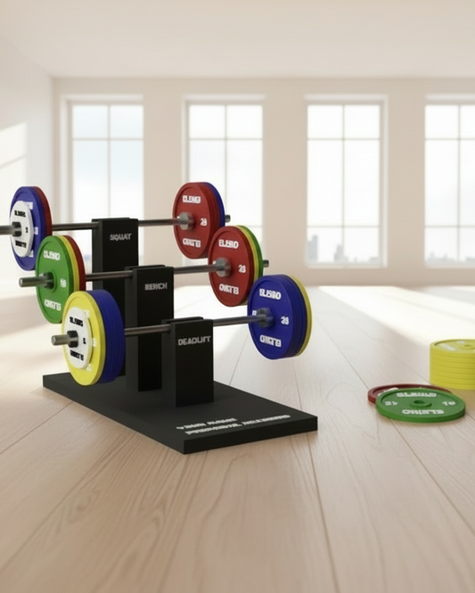 Colorful weight plates on a stand with additional plates on a white background