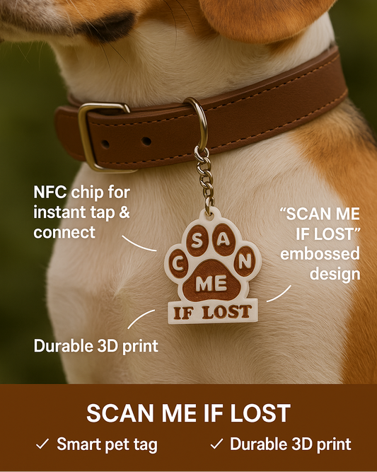 Dog wearing a 'Scan Me If Lost' pet tag with NFC chip on a blurred natural background