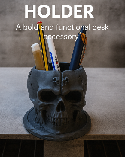 Skull pen holder with stationery on a desk, text 'SKULL PEN HOLDER' and 'A bold and functional desk accessory'.