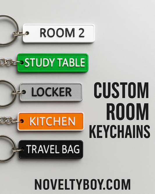 Custom room keychains with labels on a gray background