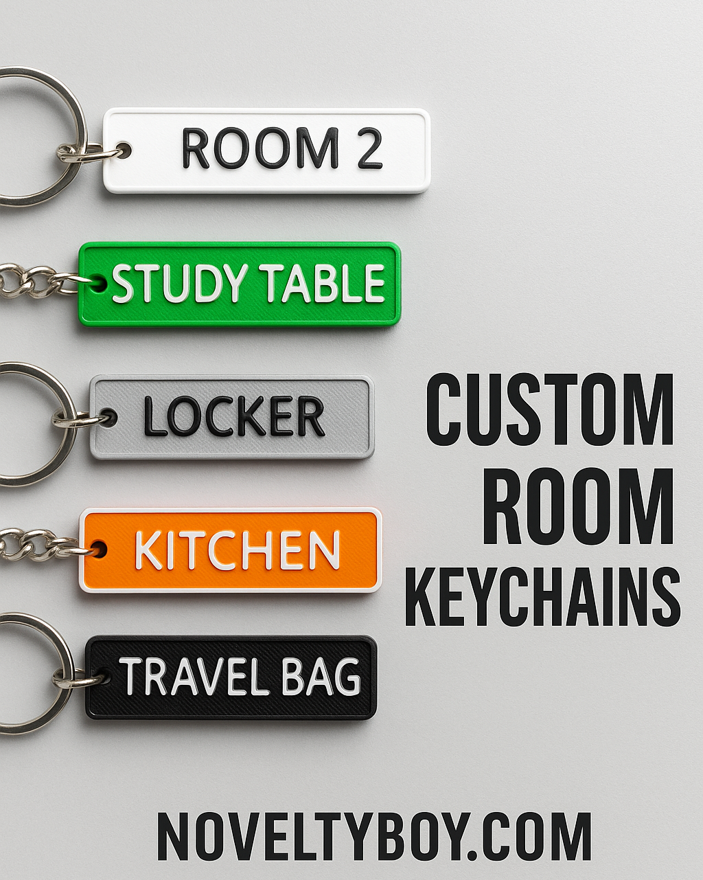 Custom room keychains with labels on a gray background