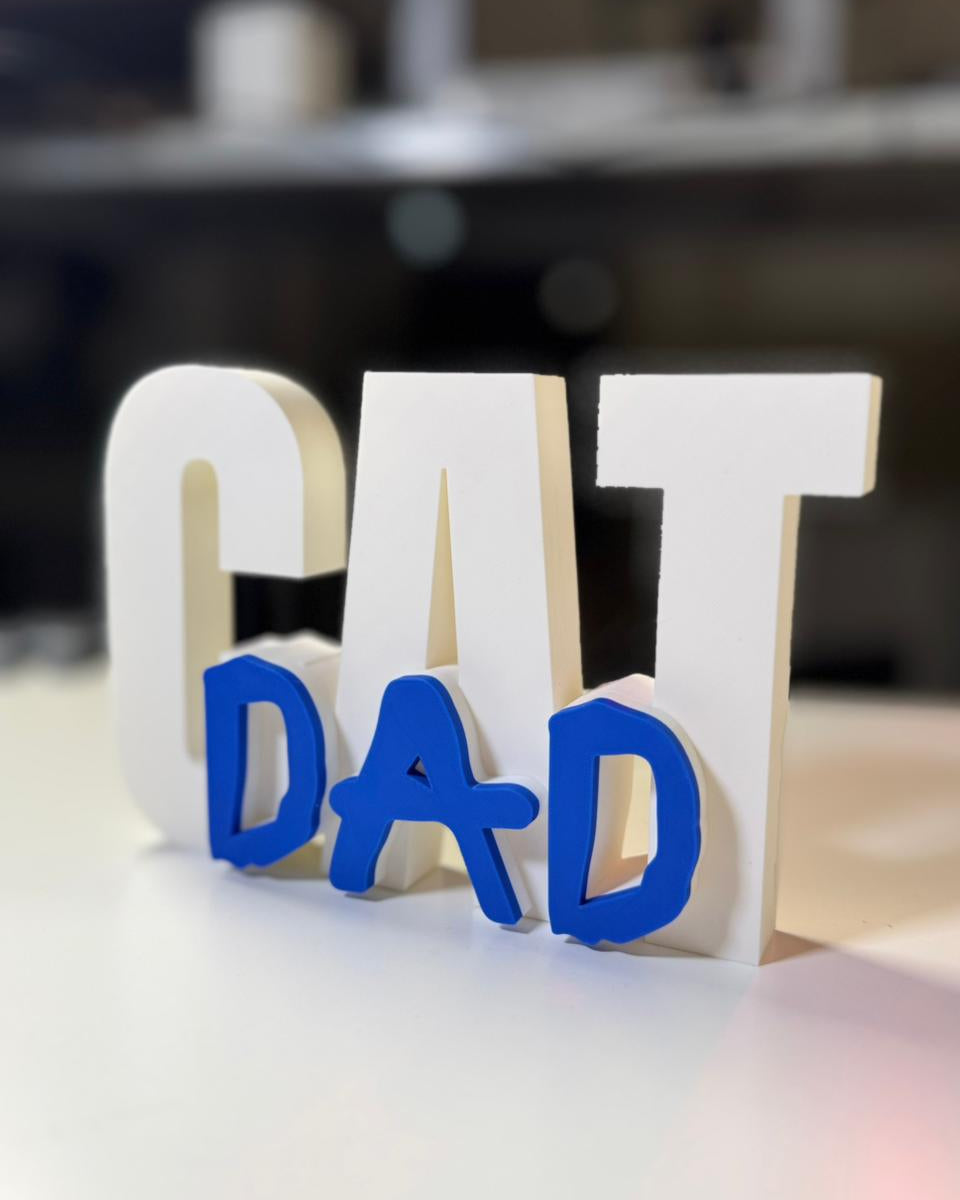 Wooden letters spelling 'CAT DAD' with blue 'DAD' on a blurred background