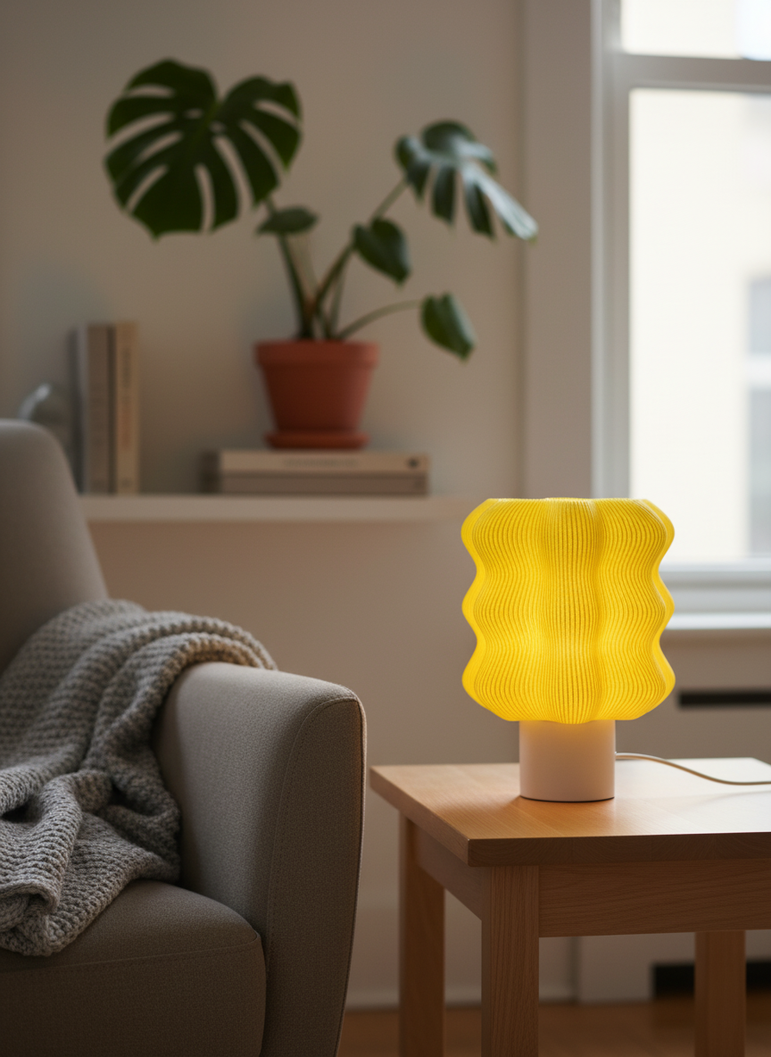 Yellow textured lamp on a wooden table in a cozy living room with a plant and sofa.