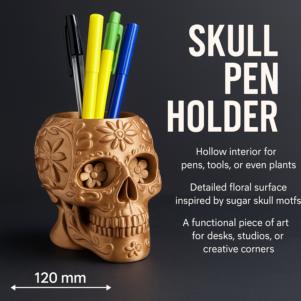Skull-shaped pen holder with markers on a dark background, featuring text about its use and design.