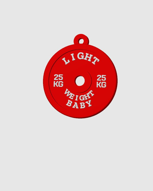 Red weight plate with 'Light Weight Baby' text on a gray background