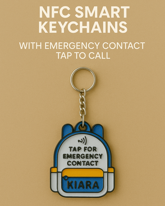 Custom Name NFC School Bag Keychain – Smart ID Tag for Kids | Tap to Open Profile or Contact Info
