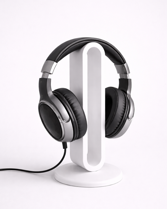 Black headphones on a white stand against a white background