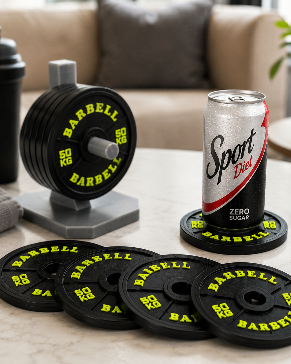 Barbell components and a Diet Coke can on a marble surface with a couch and plant in the background.