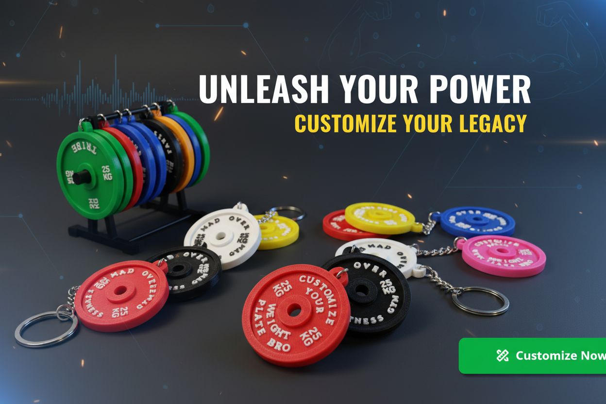 Colorful weightlifting plates and keychains with motivational text on a dark background