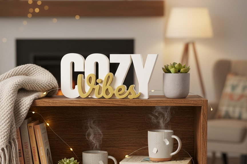 Wooden bookshelf with books, mugs, and decorative elements in a cozy living room setting.