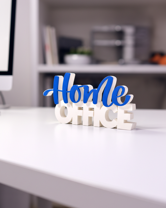 Decorative sign with 'Home Office' on a desk in an office setting