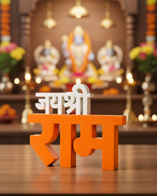 Orange and white decorative piece with 'Jai Shri Ram' text in front of a blurred religious setting.