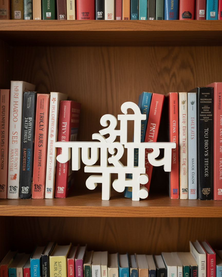 White decorative item with text on a bookshelf filled with books.