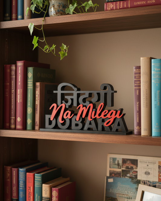 Bookshelf with books and a decorative sign in a home setting