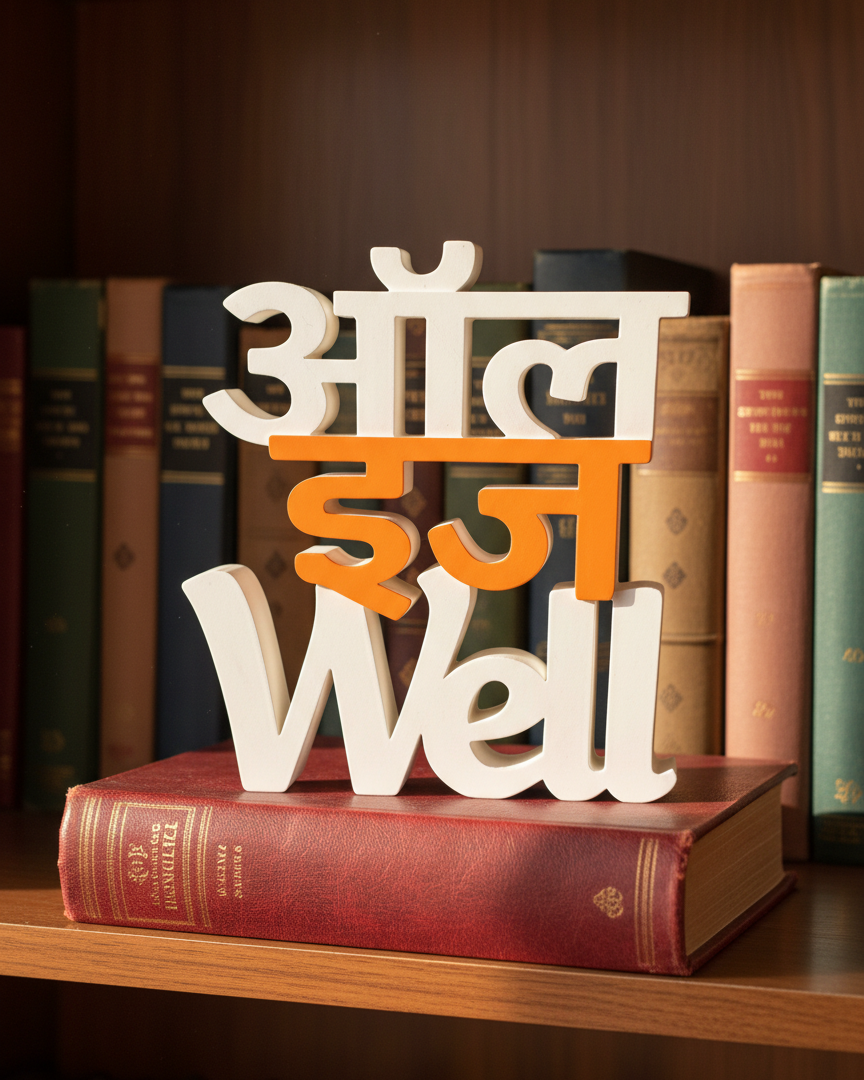 Decorative sign with 'Well' in a non-Latin script on top of books