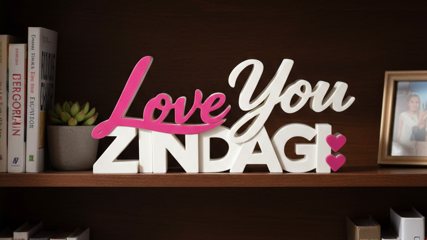 Decorative sign with 'Love You Zindagi' on a bookshelf with books and plants.