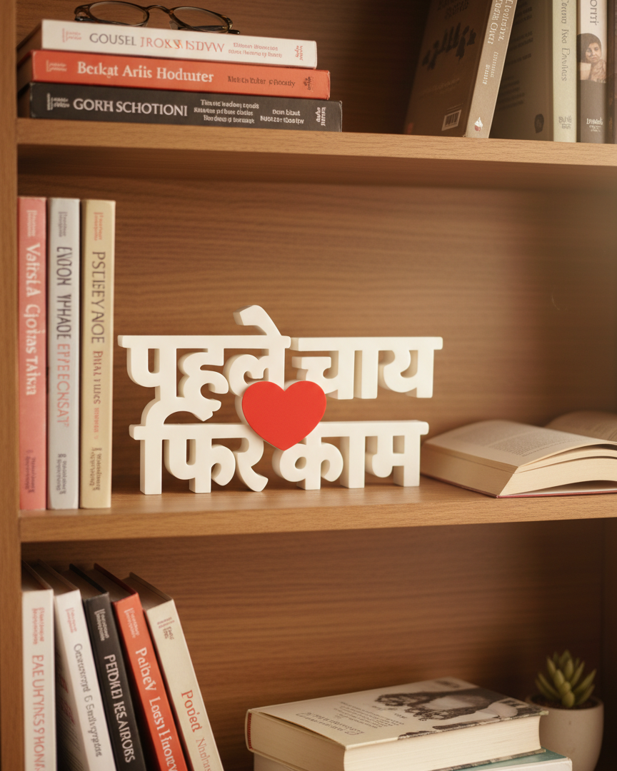 Wooden shelf with books and a decorative piece with text and a heart on it.