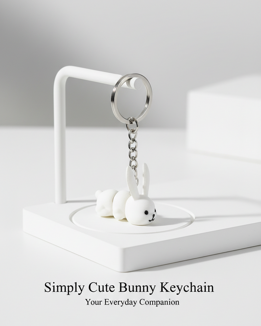 White bunny keychain on a white stand with a light gray background